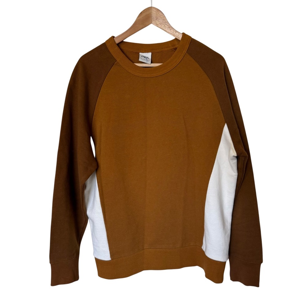 Zara Sweatshirt Women Large Brown Colorblock Cotton Crew Neck Raglan Excellent